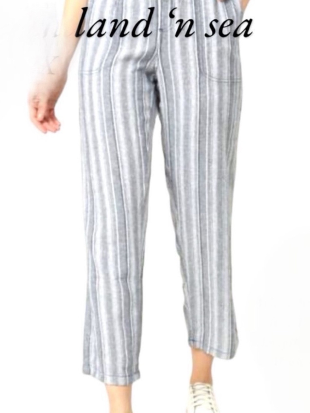 LAND N SEA Linen Blend Elastic Pull On Crop Pants Striped Pockets Cream Blue M.